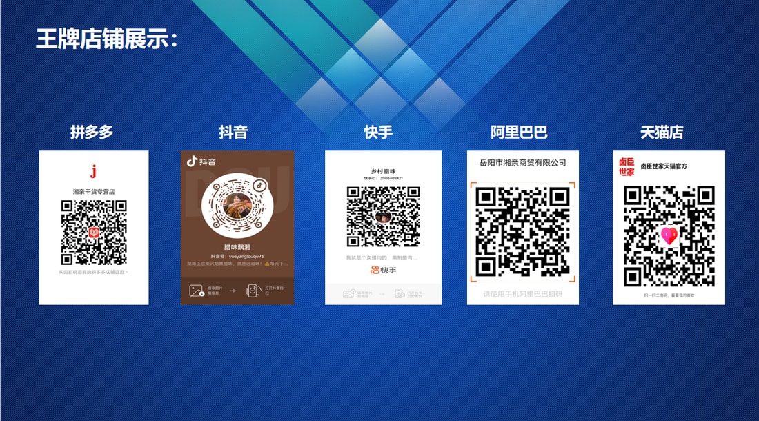 王牌店铺展示：拼多多、抖音、快手、阿里巴巴、天猫等平台官方店铺扫码图